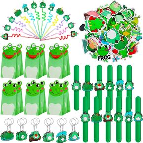 98 Pcs Passover Frog Party Favor Supplies Set Include Frog Paper Bags Stickers Keychains Curly Drinking Straws Animal Slap Bracelets for Boy Girl Passover Themed Birthday Decoration