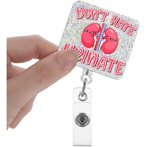 Don't Hate Urinate Badge Reels Retractable Glitter with Clip, Funny Kidneys Badge Holder for Urology Urologist Dialysis Tech Nephrology Doctor Nurse Medical Office Worker