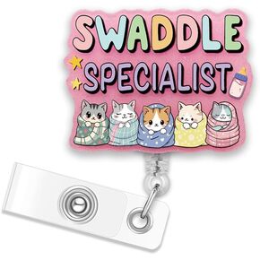 ERHACHAIJIA Swaddle Specialist Retractable Glitter Badge Reel with Clip, Cute Cat Badge Holder Gifts for Cat Lover Peds Nurse Midwife, L&D Gifts for Mother Baby Unit NICU OBGYN, Postpartum Nurse Gifts