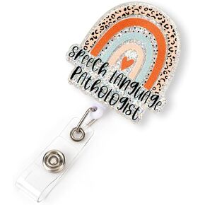 Celokiy Speech Language Pathologist Badge Reel, Retractable ID Holder with Glitter Rainbow Design, Professional SLP Speech Therapist Badge Clip