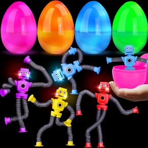 4 Pcs 4.7'' Large Easter Eggs with 4 Pcs Light Up Pop Tubes Robot Toys Easter Basket Stuffers Filled Stress Relief Fidget Suction Cup Toy Surprise Gifts for Kids Toddler Easter Eggs Hunt Party Favors