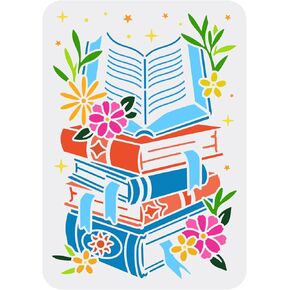 FINGERINSPIRE Book Stencil for Painting 8.3x11.7inch Piled Books Painting Template Reusable Book & Flower Pattern Painting Stencil Hollow Out Stencil for Painting on Scrapbook Wall Wood