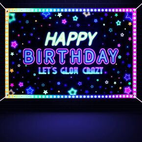 Glow Neon Birthday Backdrop - Glow in The Dark Let’s Glow Banner Black Light Themed Party Photography Background Photo Booth Backdrop, 6x4ft