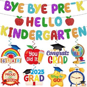 Preschool Graduation Decorations,Glitter 9Pcs Pre k Graduation Decorations Bye Bye PRE K Hello Kindergarten Banner Hanging Swirls,Preschool Graduation Banner for Children Graduate
