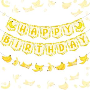 Banana Theme Birthday Decorations Happy Birthday Banner Yellow Theme Baby Birthday Decors Banana Garland Banner for Fruit Theme Birthday Decors Let's Go Banana Birthday Decorations