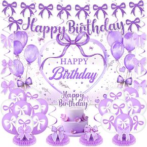 Bow Birthday Party Decorations Purple Bow Happy Birthday Banner Swirls Bow Honeycomb Centerpiece Balloons Bow Birthday Cake Topper for Girls Women Purple Coquette Birthday Baby Shower Party