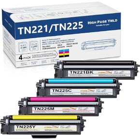 TN221 TN225 Toner Cartridges High Yield Replacement for Brother TN-225 TN-221 TN221BK Toner MFC-9130CW MFC-9330CDW HL-3170CDW HL-3140CW HL-3180CDW (1 Black, 1 Cyan, 1 Magenta, 1 Yellow, 4 Pack)