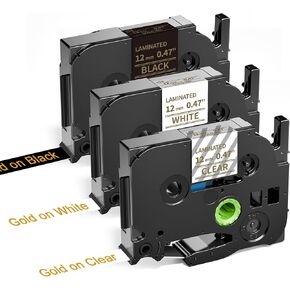 Compatible with Brother p-Touch Label Maker Tape Gold on Clear Replacement for Brother TZe Label Tape TZe-134/234 /334 (Gold on Clear/White/Black) for Brother PT-D210 PT-D400 PT-D600 12mm 0.47",3P