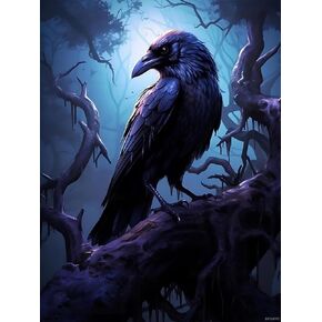 EATUKYIC Diamond Painting Kits Black Raven Perched on Tree, 5D DIY Crafts for Adults Diamond Art Kits, Full Drill Round Gem Painting Kit Paint, for Wall Bedroom Decor Birthday Gifts 12x16 inch