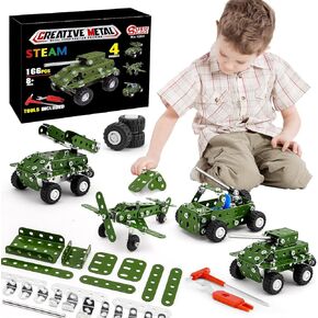 Model Building Kits, Metal Military Toys Model Kit, 4 in1 Erector Sets for Boys Age 8-12, Military Vehicles & Aircraft STEM Building Toys Metal Model