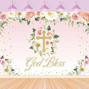 XCKALI God Bless Backdrop Blue Floral Baptism Birthday Boys Party Decoration First Holy Communion Christening Baby Shower Banner 7x5FT