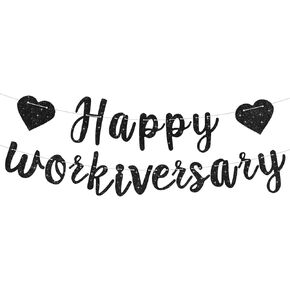 Gold Glitter Happy Workiversary Banner - NO DIY -Black Work Anniversary Decorations, Pre-Strung -Sign Bunting for Work Party Office Party，Office Party Theme Decoration Sign