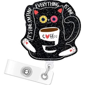 Cute Cat Nurse Badge Reel: It's Fine I'm Fine Retractable Badge Reel with ID Clip Name Tag Gift for Nurse CNA Nursing Student Doctor Medical Office Coffee Cat Lover Alligator Clip