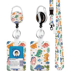 Cute Dinosaur ID Badge Holder with Lanyard Retractable Badge Reel Heavy Duty and Detachable Name Tag Clips Fashionable Vertical Card Protector for Women Student Teacher Nurse Office