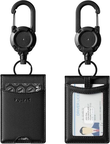 VULKIT Badge Holder Retractable Clip, Leather Bifold Double ID Card Holder, Retractable Keychain Carabiner, Holds 5 Cards, Keys Black in Kuwait