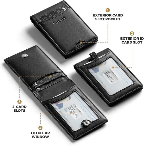 VULKIT Badge Holder Retractable Clip, Leather Bifold Double ID Card Holder, Retractable Keychain Carabiner, Holds 5 Cards, Keys Black in Kuwait