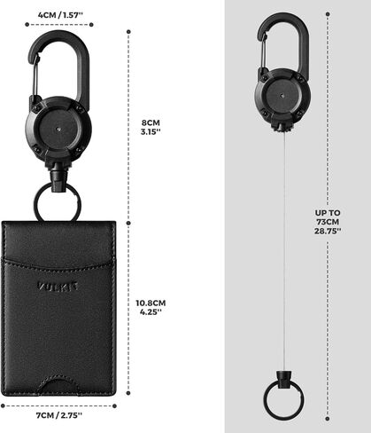 VULKIT Badge Holder Retractable Clip, Leather Bifold Double ID Card Holder, Retractable Keychain Carabiner, Holds 5 Cards, Keys Black in Kuwait