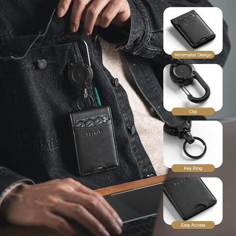VULKIT Badge Holder Retractable Clip, Leather Bifold Double ID Card Holder, Retractable Keychain Carabiner, Holds 5 Cards, Keys Black in Kuwait