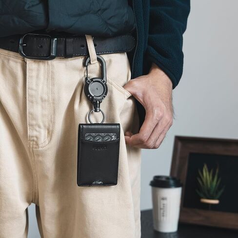VULKIT Badge Holder Retractable Clip, Leather Bifold Double ID Card Holder, Retractable Keychain Carabiner, Holds 5 Cards, Keys Black in Kuwait