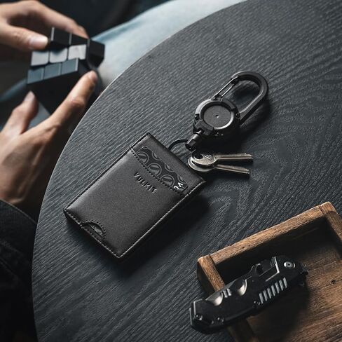 VULKIT Badge Holder Retractable Clip, Leather Bifold Double ID Card Holder, Retractable Keychain Carabiner, Holds 5 Cards, Keys Black in Kuwait