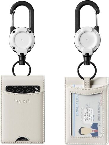 VULKIT Badge Holder Retractable Clip, Leather Bifold Double ID Card Holder, Retractable Keychain Carabiner, Holds 5 Cards, Keys Black in Kuwait
