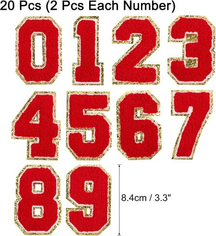 UXCELL 20PCS CLITTERS CHENILLE رقم تصحيحات 8.4 سم / 3.3 "أرقام التطريز على الحديد لأزياء القمصان الرياضية للأزياء (الأحمر ، الرقم 0-9) in Kuwait