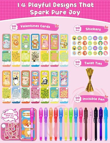 28 Pcs Valentines Day Gifts for Kids with Invisible Ink Pens, 14 Design Valentines Day Cards for Kids School, Valentines Exchange Gifts for Kids, Valentine School Classroom Exchange Prizes in Saudi Arabia