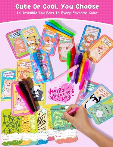 28 Pcs Valentines Day Gifts for Kids with Invisible Ink Pens, 14 Design Valentines Day Cards for Kids School, Valentines Exchange Gifts for Kids, Valentine School Classroom Exchange Prizes in Saudi Arabia