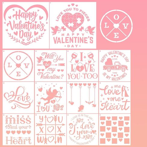 الإستنسل عيد الحب للحرف اليدوية قابلة لإعادة الاستخدام - 14 PCS سعيد عيد الحب قالب الطلاء القابل لإعادة الاستخدام للديكور القماش الجدران ، أنا أحبك أيضًا in Kuwait