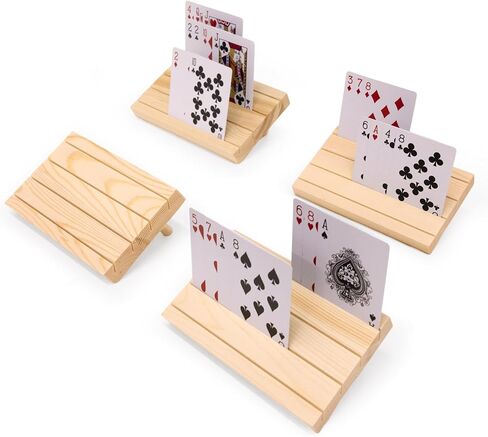Set of 4 Playing Card Holders for Kids Adults Card Racks Poker Organizer for Seniors Elder People Wooden Shelf Travel Game Canasta Uno Set in Kuwait