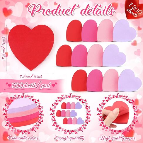 1200 Sheets Heart Shape Sticky Notes Pads Red Pink Purple 12 Pads Colorful Heart Sticky Notes for Valentines Day School Office Home Party Girls Women (Red+Rose Red+Pink+Purple) in Kuwait
