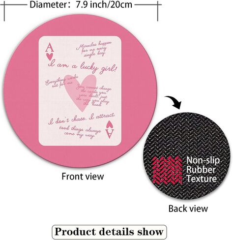 Pink Preppy Mouse Pad, Lucky Girl Poker Inspirational Mouse Pad, Girly Mouse Pad, Pink Office Desk Accessories, Small Round Mouse Pads for Desk, 7.9x7.9 Inches Ty-047 in Saudi Arabia