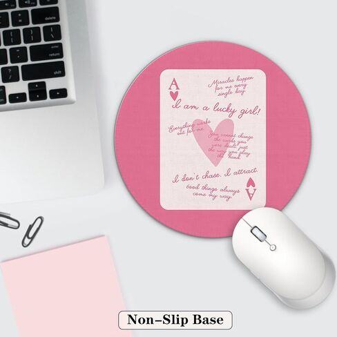 Pink Preppy Mouse Pad, Lucky Girl Poker Inspirational Mouse Pad, Girly Mouse Pad, Pink Office Desk Accessories, Small Round Mouse Pads for Desk, 7.9x7.9 Inches Ty-047 in Saudi Arabia