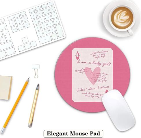 Pink Preppy Mouse Pad, Lucky Girl Poker Inspirational Mouse Pad, Girly Mouse Pad, Pink Office Desk Accessories, Small Round Mouse Pads for Desk, 7.9x7.9 Inches Ty-047 in Saudi Arabia