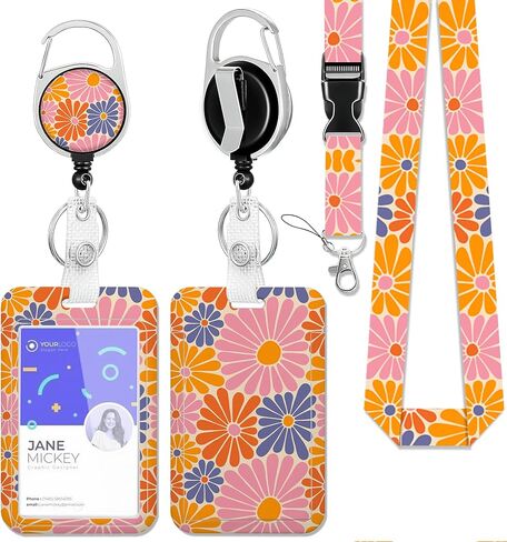 Groovy Daisy Flowers ID Badge Holder with Lanyard,70s Retro Hippie Lanyards for ID Badges,Retractable Badge Reel Heavy Duty,Vertical ID Card Protector Case for Women Teacher Office Gifts in Saudi Arabia