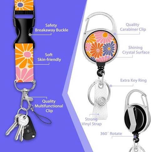 Groovy Daisy Flowers ID Badge Holder with Lanyard,70s Retro Hippie Lanyards for ID Badges,Retractable Badge Reel Heavy Duty,Vertical ID Card Protector Case for Women Teacher Office Gifts in Saudi Arabia