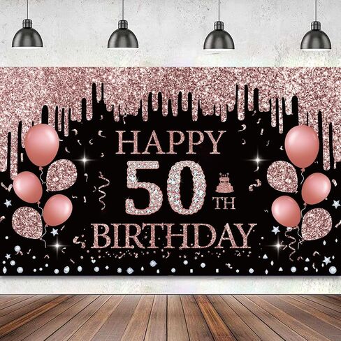 50th Birthday Decorations for Women, Rose Gold 50th Birthday Backdrop Banner, 50th Happy Birthday Banner Party Suppiles, Happy 50th Birthday Decoration in Saudi Arabia