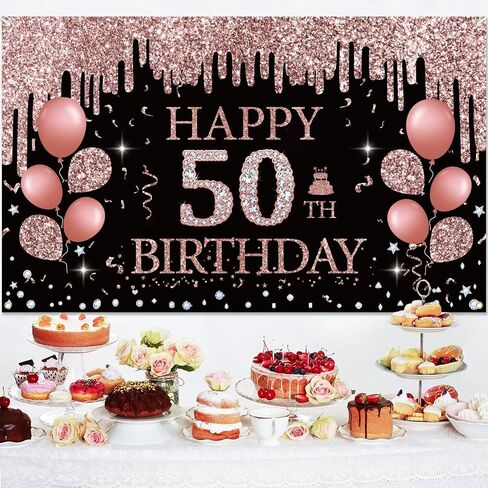 50th Birthday Decorations for Women, Rose Gold 50th Birthday Backdrop Banner, 50th Happy Birthday Banner Party Suppiles, Happy 50th Birthday Decoration in Saudi Arabia