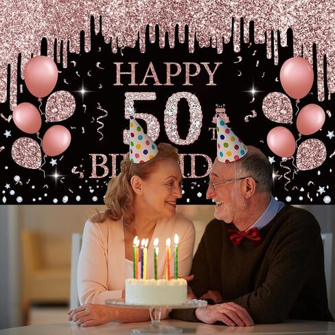 50th Birthday Decorations for Women, Rose Gold 50th Birthday Backdrop Banner, 50th Happy Birthday Banner Party Suppiles, Happy 50th Birthday Decoration in Saudi Arabia