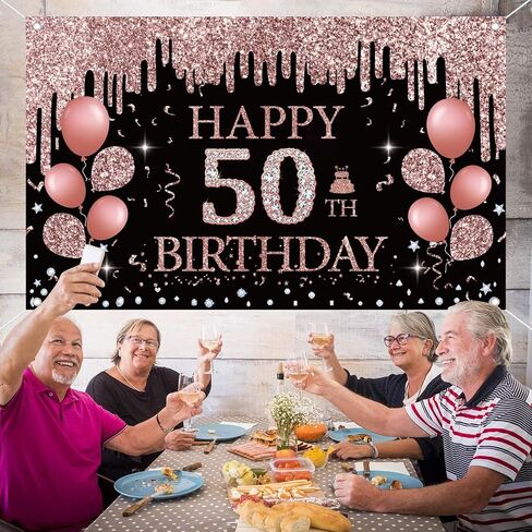 50th Birthday Decorations for Women, Rose Gold 50th Birthday Backdrop Banner, 50th Happy Birthday Banner Party Suppiles, Happy 50th Birthday Decoration in Saudi Arabia