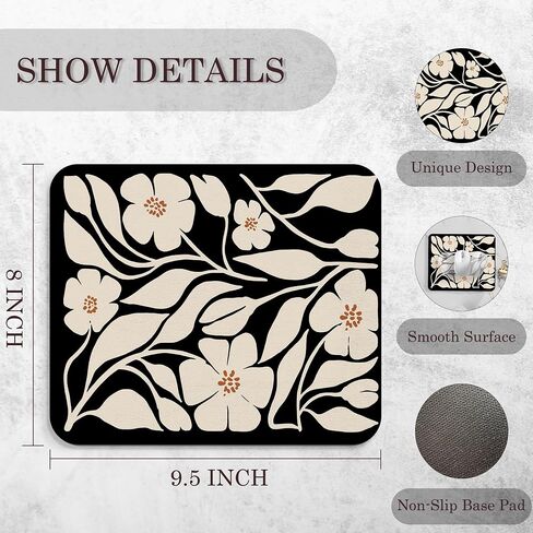 Floral Black Mouse Pad - Vintage Boho Flower Office Desk Mousepad, Black Boho Floral Decor Gifts, Office Gifts for Coworkers, Coworker Gift for Women, 9.5x8 Inches in Saudi Arabia