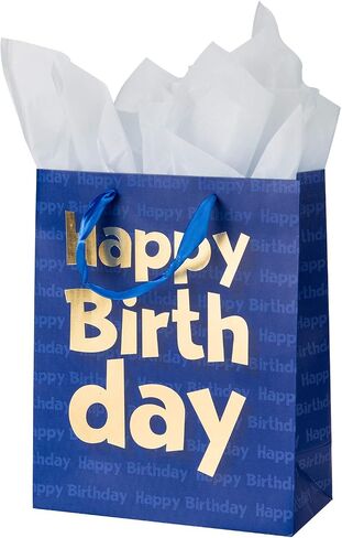 Loveinside Paper Gift Bags Gold Metallic Happy Birthday Printed Medium Gift Bags for Birthday - 10.2''x12.5''x4.7'', Navy Blue in Kuwait