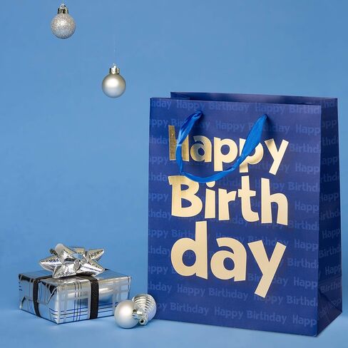 Loveinside Paper Gift Bags Gold Metallic Happy Birthday Printed Medium Gift Bags for Birthday - 10.2''x12.5''x4.7'', Navy Blue in Kuwait