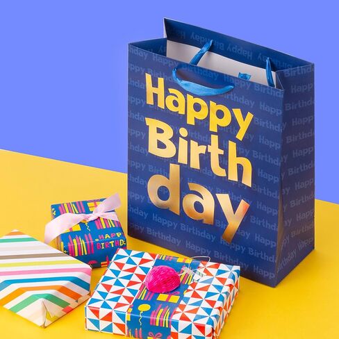 Loveinside Paper Gift Bags Gold Metallic Happy Birthday Printed Medium Gift Bags for Birthday - 10.2''x12.5''x4.7'', Navy Blue in Kuwait