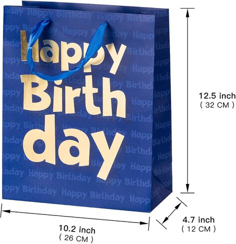 Loveinside Paper Gift Bags Gold Metallic Happy Birthday Printed Medium Gift Bags for Birthday - 10.2''x12.5''x4.7'', Navy Blue in Kuwait