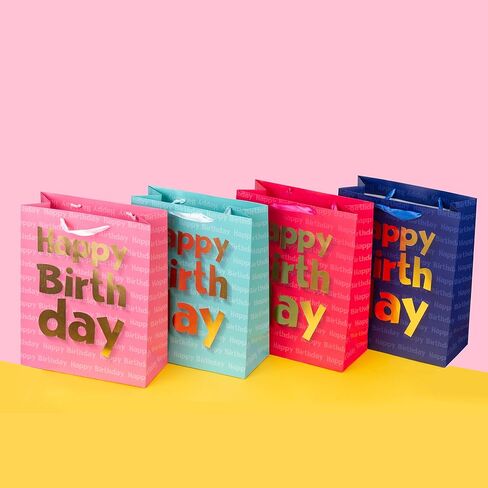 Loveinside Paper Gift Bags Gold Metallic Happy Birthday Printed Medium Gift Bags for Birthday - 10.2''x12.5''x4.7'', Navy Blue in Kuwait