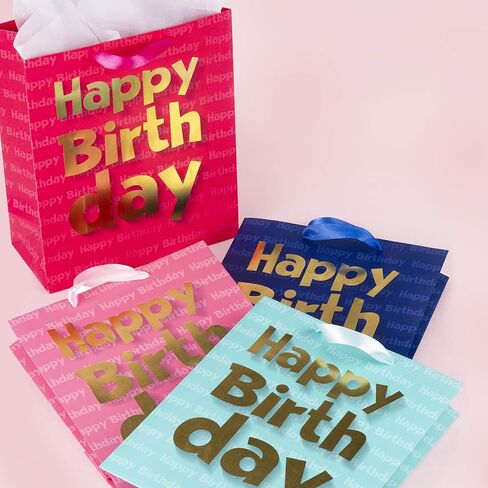 Loveinside Paper Gift Bags Gold Metallic Happy Birthday Printed Medium Gift Bags for Birthday - 10.2''x12.5''x4.7'', Navy Blue in Kuwait