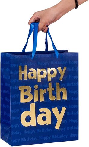 Loveinside Paper Gift Bags Gold Metallic Happy Birthday Printed Medium Gift Bags for Birthday - 10.2''x12.5''x4.7'', Navy Blue in Kuwait