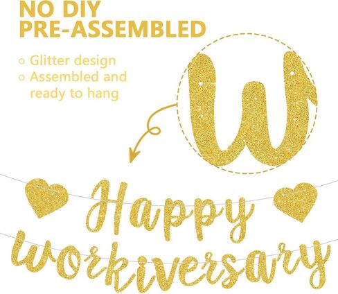 Gold Glitter Happy Workiversary Banner - NO DIY -Black Work Anniversary Decorations, Pre-Strung -Sign Bunting for Work Party Office Party，Office Party Theme Decoration Sign in Saudi Arabia