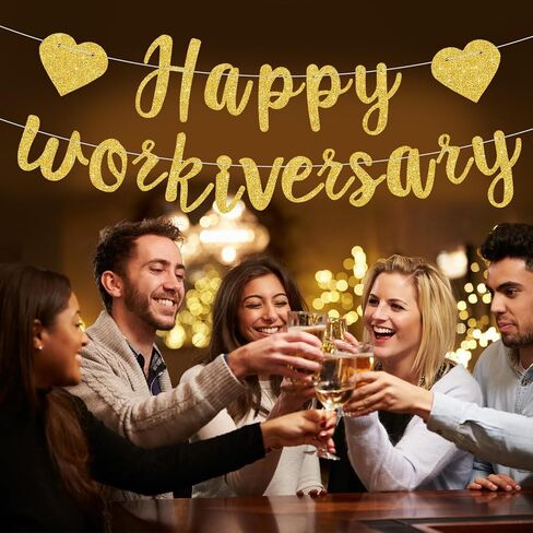 Gold Glitter Happy Workiversary Banner - NO DIY -Black Work Anniversary Decorations, Pre-Strung -Sign Bunting for Work Party Office Party，Office Party Theme Decoration Sign in Saudi Arabia
